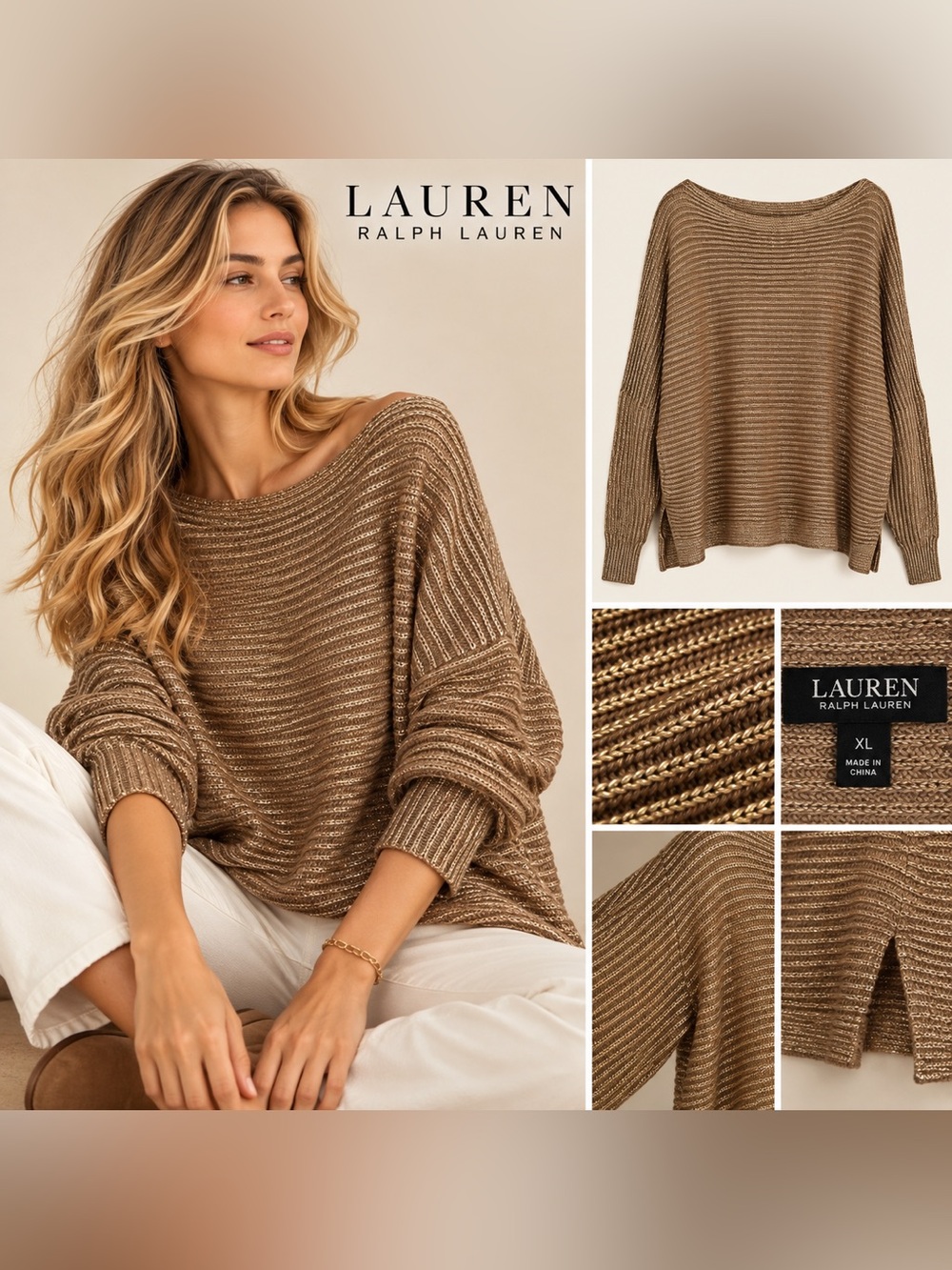 NWT Lauren Ralph Lauren Metallic Gold Ribbed Knit Sweater XL